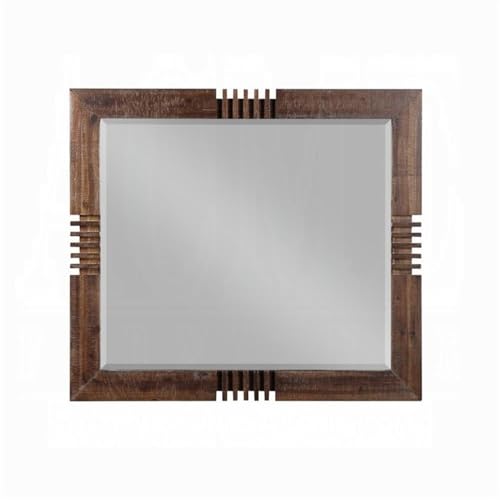 Rectangular Beveled Bedroom Mirror, 39" H x 44" W, Acacia Wood, Reclaimed Oak Finish, Transitional Style, Durable Vanity or Wall Mirror for Bedroom Decor