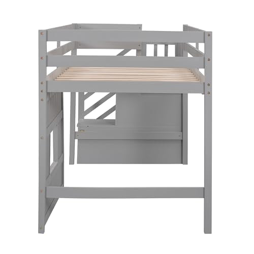 Twin Kids Low Loft Bed with Staircase and Safety Guardrails,Wood Loft Bed Frame with Under Bed Space,Easy Assembly,Gray