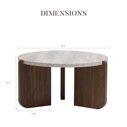 31.5" Round Coffee Table, Faux Marble Tabletop with Walnut Wood Grain Legs, Modern Minimalist Center Table for Living Room, Waterproof & Easy Assembly, Off-White