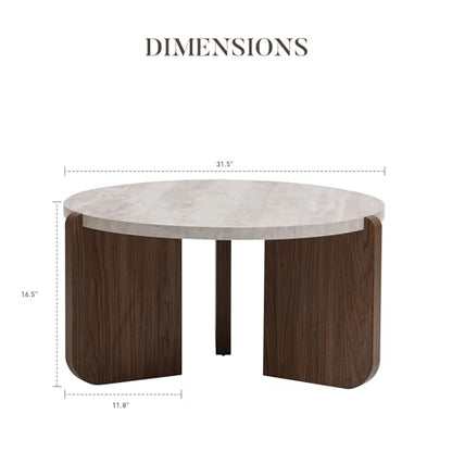 31.5" Round Coffee Table, Faux Marble Tabletop with Walnut Wood Grain Legs, Modern Minimalist Center Table for Living Room, Waterproof & Easy Assembly, Off-White
