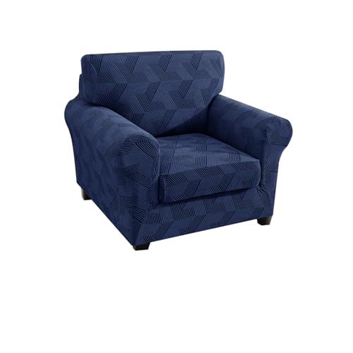 Set of two navy blue stretch jacquard armchair slipcovers, view 2