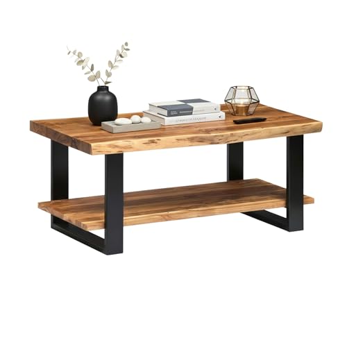 Alpine 2-Tier Live Edge Coffee Table – 42" Solid Acacia Wood with Natural Finish, Lower Shelf Storage and Metal Frame – Rustic Industrial Style for Living Room or Home Office