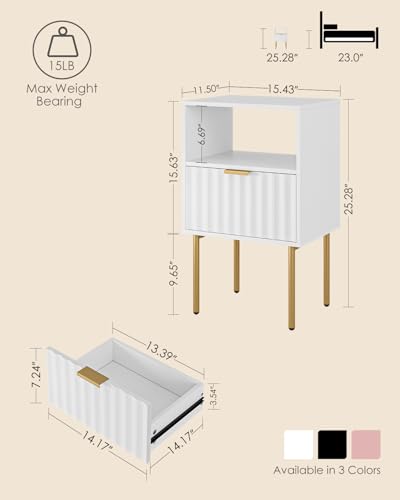 Nightstand,Modern Bedside Table with Gold Frame,White Night Stand,Bedside Furniture, Modern Side Table with Drawer and Shelf for Bedroom,Living Room (White)