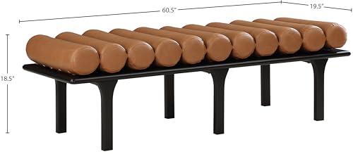 Meridian Furniture 22008Cognac Landon Collection Art Deco Bench with Soft Vintage Cognac Vegan Leather and Solid Wood with Black Finish, 60.5" W x 19.5" D x 18.5" H, Cognac
