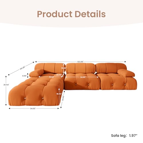 104'' Modular Sectional Sofa, L-Shaped Velvet Modular Couch with Reversible Chaise Ottoman, Modern Cloud Sectional Couches for Living Room, Apartment (3 Seats, 1 Ottoman, Orange)