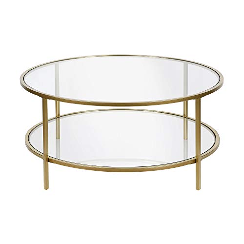 36" Wide Round Coffee Table with Glass Top in Brass, Round Coffee Table for living room, studio apartment essentials