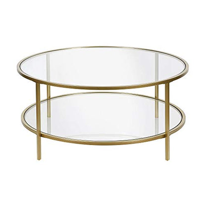 36" Wide Round Coffee Table with Glass Top in Brass, Round Coffee Table for living room, studio apartment essentials