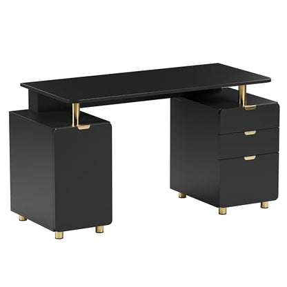 57"W Computer Desk w/ 3 Drawers & Storage Cabinet, Black/Gold, view 2