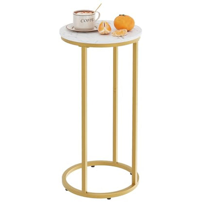 C Shaped end Table,Wood Round Side Table for Couch,Small Sofa Table with Metal Frame for Bedroom,Living Room,Bedside,Gold Color(11.81" D x 11.81" W x 23.62" H)