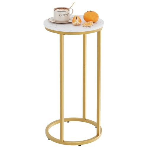 C Shaped end Table,Wood Round Side Table for Couch,Small Sofa Table with Metal Frame for Bedroom,Living Room,Bedside,Gold Color(11.81" D x 11.81" W x 23.62" H)