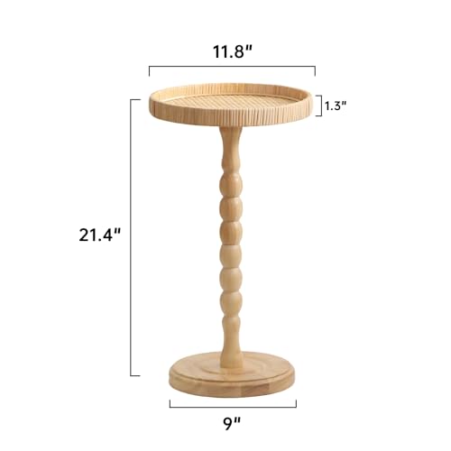 Small Drink Table, Rattan Round Side Table for Small Spaces, Boho Accent Table End Table with Solid Wood Leg for Living Room, Nightstand Table for Bedroom, Corners