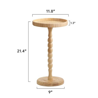 Small Drink Table, Rattan Round Side Table for Small Spaces, Boho Accent Table End Table with Solid Wood Leg for Living Room, Nightstand Table for Bedroom, Corners