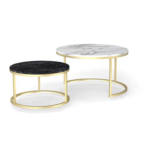 Nesting Coffee Table Set of 2, 31.5" Round Coffee Table Wooden Marble Pattern Accent Furniture, Industrial End Table for Living Room Bedroom Balcony (WhiteBlack/Gold)