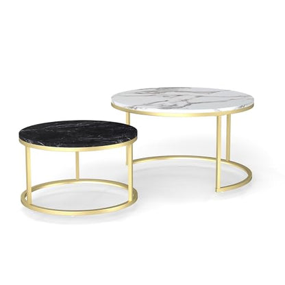 Nesting Coffee Table Set of 2, 31.5" Round Coffee Table Wooden Marble Pattern Accent Furniture, Industrial End Table for Living Room Bedroom Balcony (WhiteBlack/Gold)