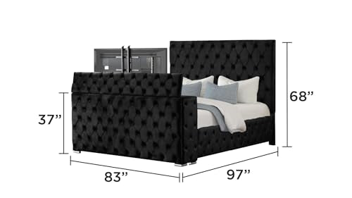 Velvet Platform Bed with Tufted Features, Fireplace & TV Stand, view 4