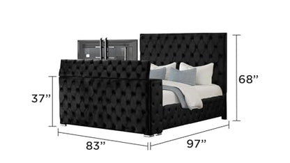 Velvet Platform Bed with Tufted Features, Fireplace & TV Stand, view 4