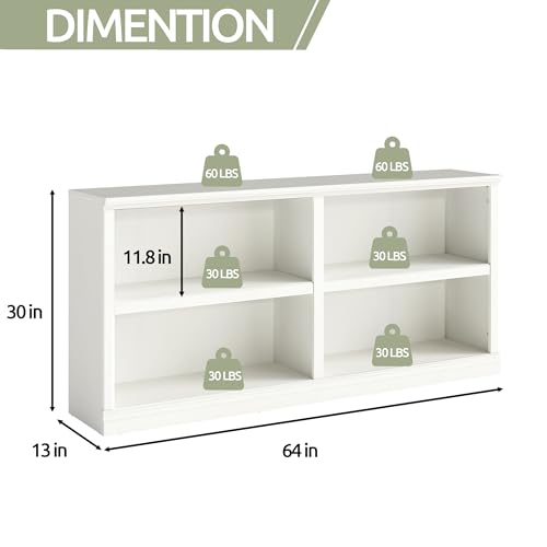 White Bookshelf Double Wide 64“ 2-Tier Bookcase 4 Cube Storage Organizer Wooden Bookcases for Bedroom and Home Office Decor Display