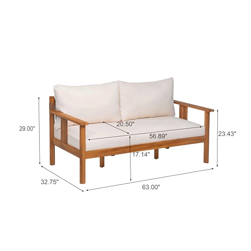 Willy Acacia Wood Outdoor Loveseat and Coffee Table Set, 2 Piece Patio Furniture Set with Water-Repellent Cushion, Solid Wood Outdoor Conversation Set, Beige+Teak