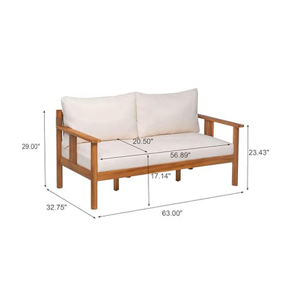Willy Acacia Wood Outdoor Loveseat and Coffee Table Set, 2 Piece Patio Furniture Set with Water-Repellent Cushion, Solid Wood Outdoor Conversation Set, Beige+Teak
