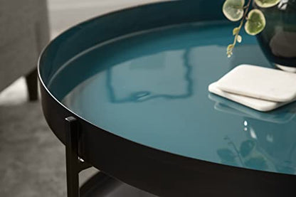 Nira Modern Round Two Tier Coffee Table; 26 Inch Diameter; Teal and Black; Decorative Glam Coffee Table for Storage and Display