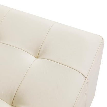 Faux Leather Storage Ottoman with Hinged Lid, 17.5 Inch High Cream White Square Cube Foot Stool with Storage, Upholstered Vanity Stool with Solid Wood Legs for Living Room, Bedroom, Dorm