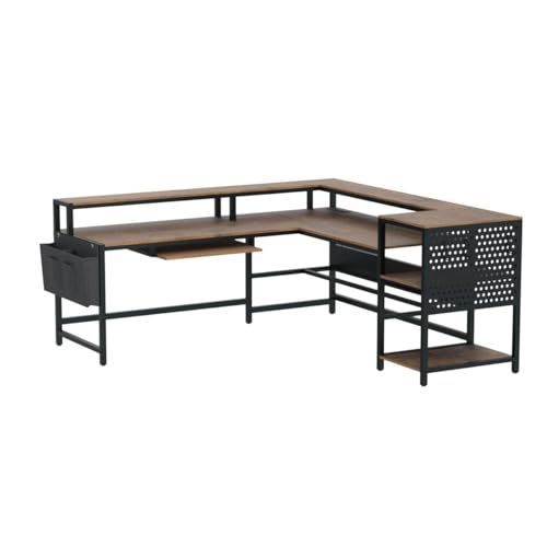 L Shaped Computer Desk, Reversible Computer Desks, L Shaped Desk with Power Outlets & LED Strip, Monitor Shelf, Keyboard Tray, Pegboard and Storage Shelves for Home Office, Rustic Brown