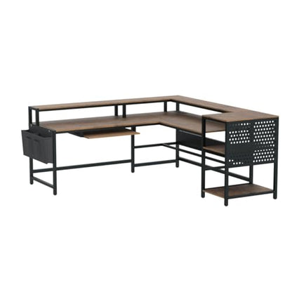 L Shaped Computer Desk, Reversible Computer Desks, L Shaped Desk with Power Outlets & LED Strip, Monitor Shelf, Keyboard Tray, Pegboard and Storage Shelves for Home Office, Rustic Brown