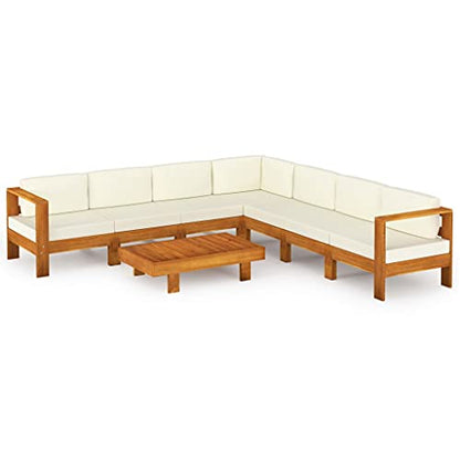 8-Piece Acacia Wood Outdoor Patio Furniture Set Cream White, 23.6 x 39.4 in Modern Garden Conversation Sectional with Cushions for Backyard Balcony Terrace