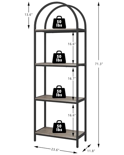 Bookshelf 4 Tier Arched Bookcase, 71.3" Tall Industrial Open Book Shelves for Living Room, Modern Freestanding Display Shelving Storage Rack Metal Frame, Office, Bedroom, Grey