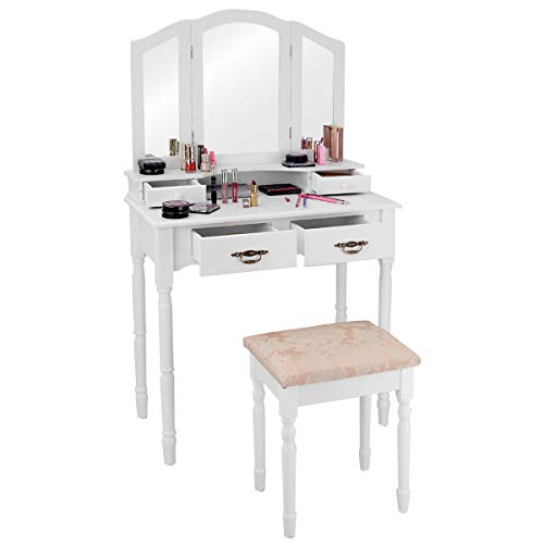 Vanity Set Makeup Table with Stool, Dressing Tables with 4 Drawers, Tri-Folding Mirror, Large Mirrored Room Vanity Desk for Bedroom Bathroom Padded Seat Chair Vanities, White