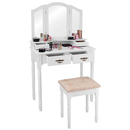 Vanity Set Makeup Table with Stool, Dressing Tables with 4 Drawers, Tri-Folding Mirror, Large Mirrored Room Vanity Desk for Bedroom Bathroom Padded Seat Chair Vanities, White