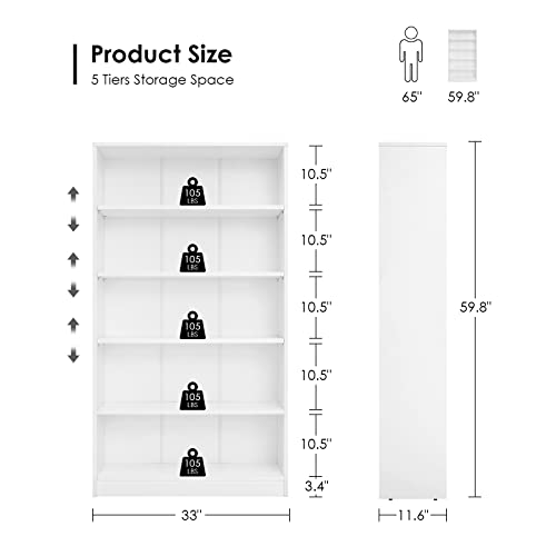 White Bookshelf for Bedroom 5 Shelf Office Bookcase 60 Inches Tall Modern Wood Bookshelf for Living Room 5 Tier Wide Manga Bookshelf Library Bookcase