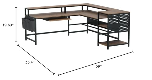 L Shaped Computer Desk, Reversible Computer Desks, L Shaped Desk with Power Outlets & LED Strip, Monitor Shelf, Keyboard Tray, Pegboard and Storage Shelves for Home Office, Rustic Brown