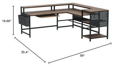 L Shaped Computer Desk, Reversible Computer Desks, L Shaped Desk with Power Outlets & LED Strip, Monitor Shelf, Keyboard Tray, Pegboard and Storage Shelves for Home Office, Rustic Brown