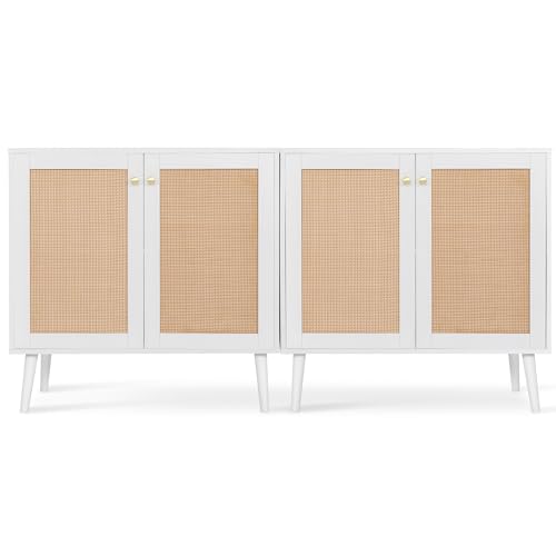 Boho Accent Storage Cabinet with Rattan Doors, Wood Grain Sideboard Buffet with Adjustable Shelves for Kitchen, Dining Room, Hallway, Living Room, Entryway, Coffee Bar, White
