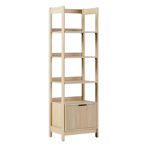 Transitional Reeded Narrow Open Bookshelf with Drawer on Bottom for Home Office, Living Room, Bedroom, 4-Shelf Bookcase with Bottom Storage, 22”W x 16.75”D x 70”H, Coastal Oak