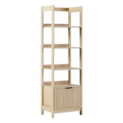 Transitional Reeded Narrow Open Bookshelf with Drawer on Bottom for Home Office, Living Room, Bedroom, 4-Shelf Bookcase with Bottom Storage, 22”W x 16.75”D x 70”H, Coastal Oak