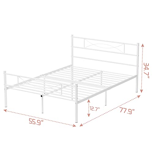 Full Size Bedframe Metal Bed Frame with Headboard and Footboard Mattress Foundation Support Platform Bed No Box Spring Needed, Popular Style White