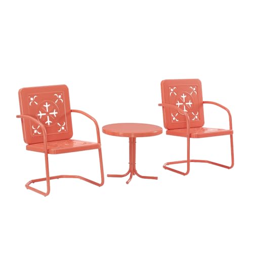 Azalea 3-Piece Vintage Outdoor Chair and Side Table Set, Retro Metal Patio Conversation Sets, Coral Gloss