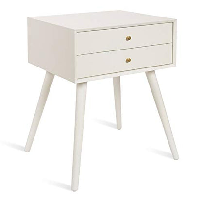 Finco Midcentury Modern Style Side Table with 2 Drawers, White Finish with Brass Hardware