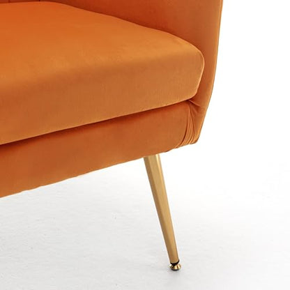 Modern Chic Mid-Century Velvet Accent Armchair for Living Room, Bedroom, or Home Office, Button-Tufted Wingback Design with Gold Flared Legs, Orange