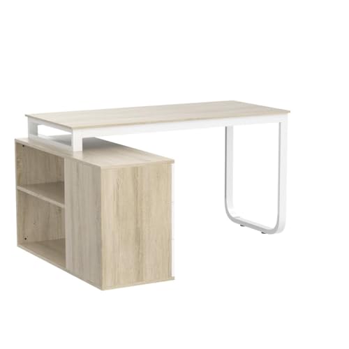 Home Office Computer Desk Corner Desk with 3 Drawers and 2 Shelves, 54 Inch Large L-Shaped Study Writing Table with Storage Cabinet - Walnut and White