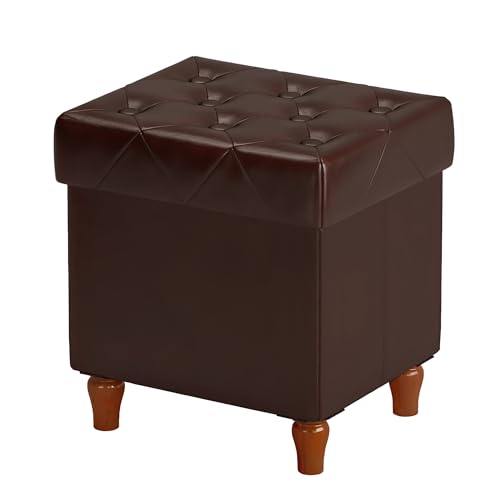 Folding Storage Ottoman Cube PU Leather Footstool with Wood Legs Ottoman Footrest for Living Room and Bedroom Brown, 15x12.6 x 15.4”