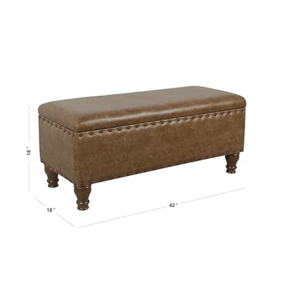 Home Decor | Upholstered Bench with Nailhead Trim | Large Faux Leather Ottoman with Storage for Living Room & Bedroom | Decorative Home Furniture, Brown Faux Leather