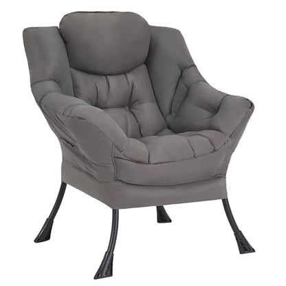 Dark Grey Single Lazy Chair for Living Room, Modern Reading Accent Chair with Armrests and a Side Pocket, Leisure Lazy Sofa Chair for Small Space, Bedroom, Dorm