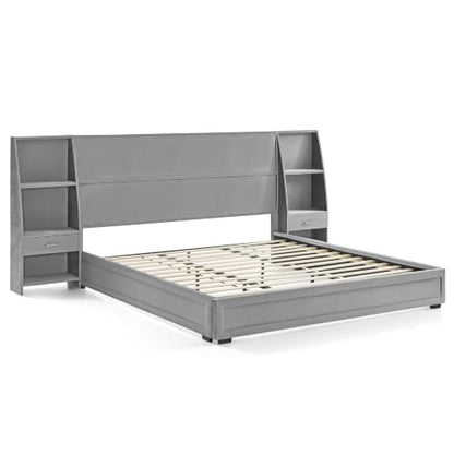 JIVOIT King Storage Platform Bed, Upholstered Headboard, Side Bookcases & Drawer (Gray-King-2)