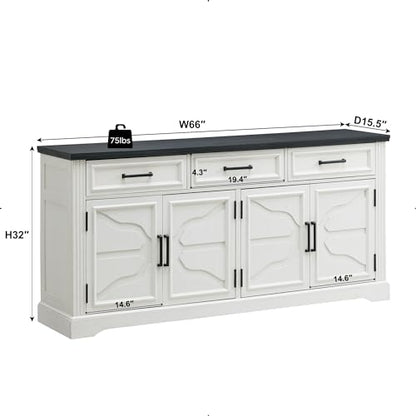 66" Farmhouse Buffet Cabinet with Storage, Sideboard Credenza with 4 Door Cabinets, Adjustable Shelves & 3 Drawers, Coffee Bar Cabinet for Dining Room, Kitchen, Living Room, Off White