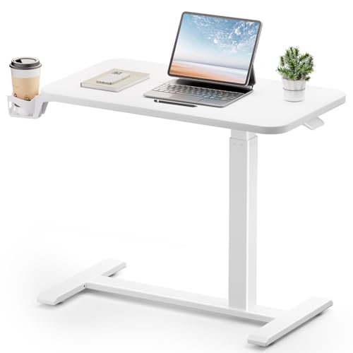 Small Standing Desk with Hidden Wheels, Pneumatic Mobile Rolling Laptop Desk, Adjustable Height Overbed Bedside Table Computer Workstation for Home Office (32" W x 16" D, White)