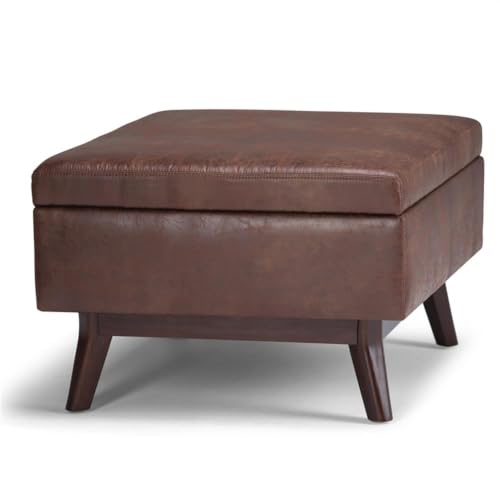 Faux Leather Storage Coffee Table Ottoman, Saddle Brown Finish, 18.5" H x 34.06" W x 25.98" D, Lift-Up Lid, Solid Wood Base, Mid-Century Style, Living Room Furniture