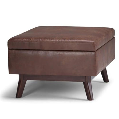 Faux Leather Storage Coffee Table Ottoman, Saddle Brown Finish, 18.5" H x 34.06" W x 25.98" D, Lift-Up Lid, Solid Wood Base, Mid-Century Style, Living Room Furniture